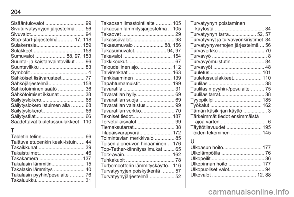OPEL VIVARO B 2016  Ohjekirja (in Finnish) 204Sisääntulovalot ............................ 99
Sivuturvatyynyjen järjestelmä  ......56
Sivuvalot ....................................... 94
Stop-start-järjestelmä ...........17, 118
Sulakera