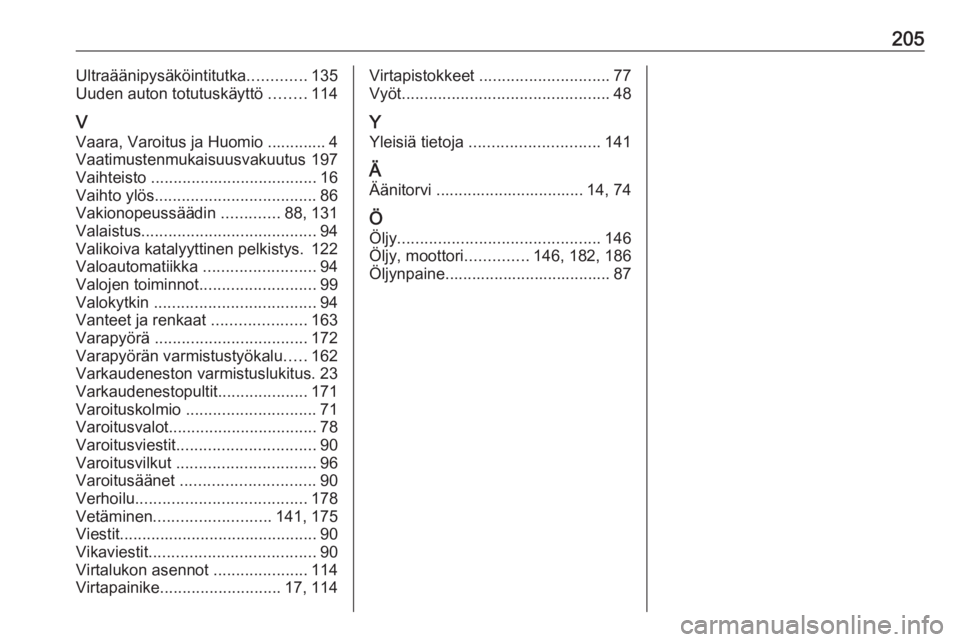 OPEL VIVARO B 2016  Ohjekirja (in Finnish) 205Ultraäänipysäköintitutka.............135
Uuden auton totutuskäyttö  ........114
V Vaara, Varoitus ja Huomio ............. 4
Vaatimustenmukaisuusvakuutus 197
Vaihteisto  ......................