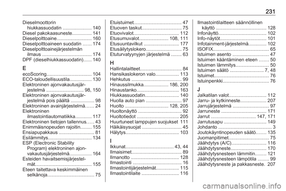 OPEL VIVARO B 2018  Ohjekirja (in Finnish) 231Dieselmoottorinhiukkassuodatin  .....................140
Diesel pakokaasuneste ..............141
Dieselpolttoaine .......................... 160
Dieselpolttoaineen suodatin  ......174
Dieselpolttoa