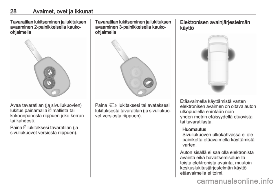 OPEL VIVARO B 2018  Ohjekirja (in Finnish) 28Avaimet, ovet ja ikkunatTavaratilan lukitseminen ja lukituksenavaaminen 2-painikkeisella kauko-
ohjaimella
Avaa tavaratilan (ja sivuliukuovien)
lukitus painamalla  c mallista tai
kokoonpanosta riipp