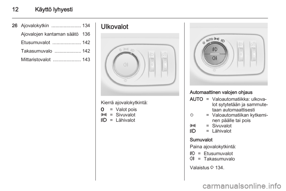OPEL ZAFIRA C 2014.5  Ohjekirja (in Finnish) 12Käyttö lyhyesti
26Ajovalokytkin  ...................... 134
Ajovalojen kantaman säätö  136
Etusumuvalot  .....................142
Takasumuvalo  .................... 142
Mittaristovalot  .......