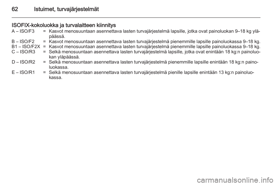 OPEL ZAFIRA C 2014.5  Ohjekirja (in Finnish) 62Istuimet, turvajärjestelmät
ISOFIX-kokoluokka ja turvalaitteen kiinnitysA – ISO/F3=Kasvot menosuuntaan asennettava lasten turvajärjestelmä lapsille, jotka ovat painoluokan 9–18 kg ylä‐pä