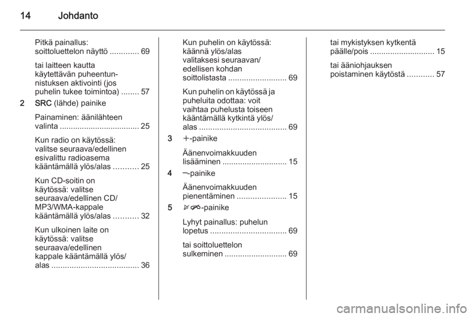 OPEL ZAFIRA C 2015  Infotainment-ohjekirja (in Finnish) 14Johdanto
Pitkä painallus:
soittoluettelon näyttö .............69
tai laitteen kautta
käytettävän puheentun‐
nistuksen aktivointi (jos
puhelin tukee toimintoa) ........57
2 SRC  (lähde) pain