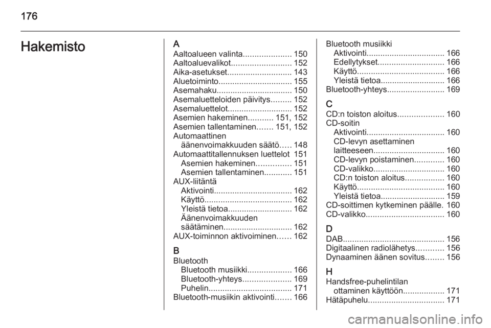 OPEL ZAFIRA C 2015  Infotainment-ohjekirja (in Finnish) 176HakemistoAAaltoalueen valinta .....................150
Aaltoaluevalikot .......................... 152
Aika-asetukset ............................ 143
Aluetoiminto ................................ 