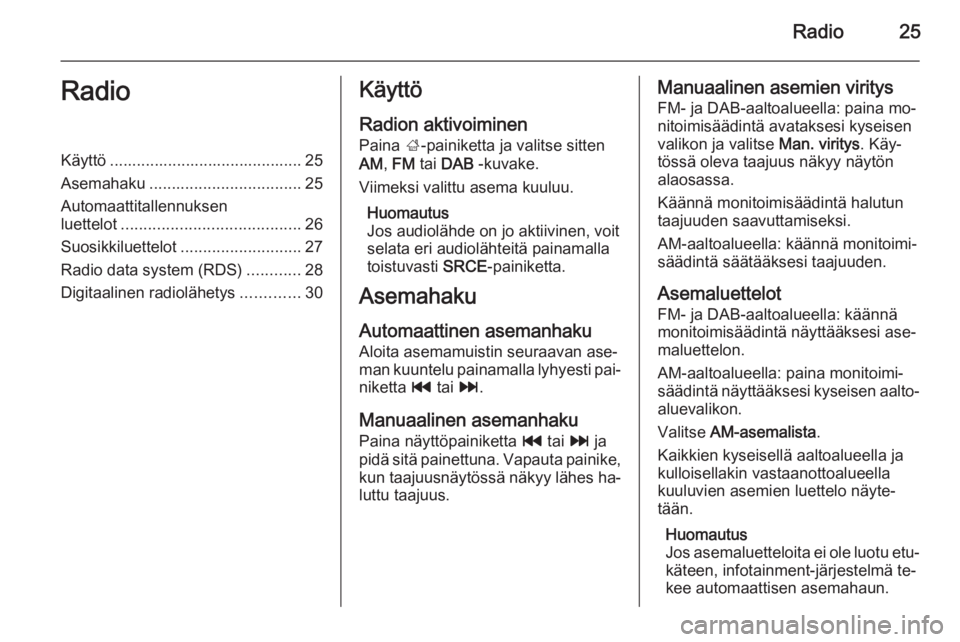 OPEL ZAFIRA C 2015  Infotainment-ohjekirja (in Finnish) Radio25RadioKäyttö ........................................... 25
Asemahaku .................................. 25
Automaattitallennuksen
luettelot ........................................ 26
Suosikk