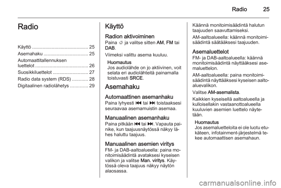 OPEL ZAFIRA C 2015.5 Infotainment-ohjekirja (in Finnish) Radio25RadioKäyttö ........................................... 25
Asemahaku .................................. 25
Automaattitallennuksen
luettelot ........................................ 26
Suosikk OPEL ZAFIRA C 2015.5 Infotainment-ohjekirja (in Finnish) Radio25RadioKäyttö ........................................... 25
Asemahaku .................................. 25
Automaattitallennuksen
luettelot ........................................ 26
Suosikk