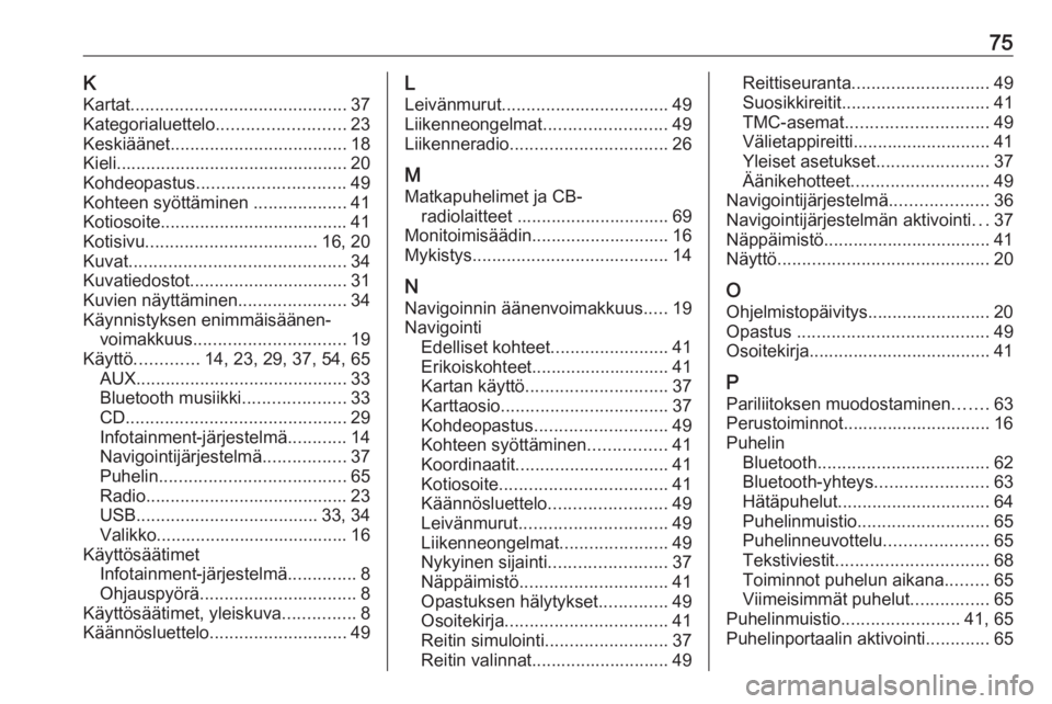 OPEL ZAFIRA C 2016.5  Infotainment-ohjekirja (in Finnish) 75KKartat ............................................ 37
Kategorialuettelo .......................... 23
Keskiäänet .................................... 18
Kieli ...................................