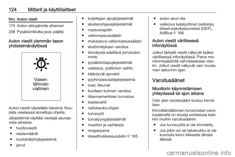 OPEL ZAFIRA C 2016.5  Ohjekirja (in Finnish) 124Mittarit ja käyttölaitteetNroAuton viesti174Auton akkujännite alhainen258Pysäköintitutka pois päältä
Auton viestit ylemmän tason
yhdistelmänäytössä
Auton viestit näytetään tekstinä