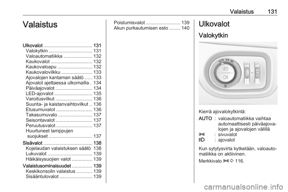OPEL ZAFIRA C 2018 Ohjekirja (in Finnish) Valaistus131ValaistusUlkovalot.................................... 131
Valokytkin ................................ 131
Valoautomatiikka .....................132
Kaukovalot ............................ OPEL ZAFIRA C 2018 Ohjekirja (in Finnish) Valaistus131ValaistusUlkovalot.................................... 131
Valokytkin ................................ 131
Valoautomatiikka .....................132
Kaukovalot ............................
