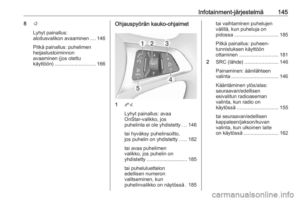 OPEL ZAFIRA C 2018.5  Ohjekirja (in Finnish) Infotainment-järjestelmä1458;
Lyhyt painallus:
aloitusvalikon avaaminen ....146
Pitkä painallus: puhelimen
heijastustoiminnon
avaaminen (jos otettu
käyttöön) ............................. 166Ohj