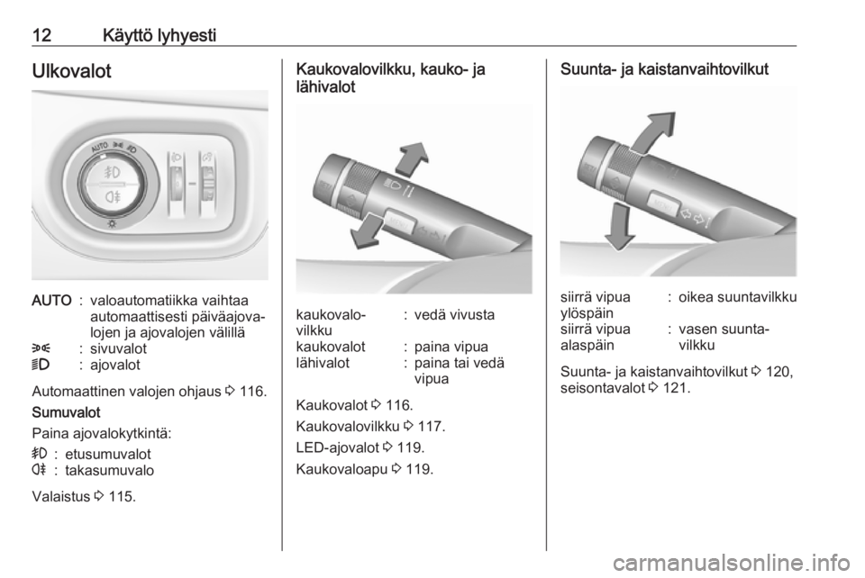 OPEL ZAFIRA C 2019  Ohjekirja (in Finnish) 12Käyttö lyhyestiUlkovalotAUTO:valoautomatiikka vaihtaa
automaattisesti päiväajova‐
lojen ja ajovalojen välillä8:sivuvalot9:ajovalot
Automaattinen valojen ohjaus  3 116.
Sumuvalot
Paina ajoval