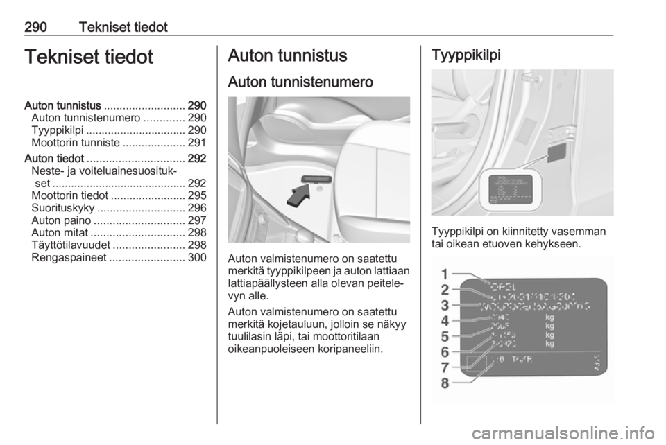 OPEL ZAFIRA C 2019  Ohjekirja (in Finnish) 290Tekniset tiedotTekniset tiedotAuton tunnistus.......................... 290
Auton tunnistenumero .............290
Tyyppikilpi ................................ 290
Moottorin tunniste ...............