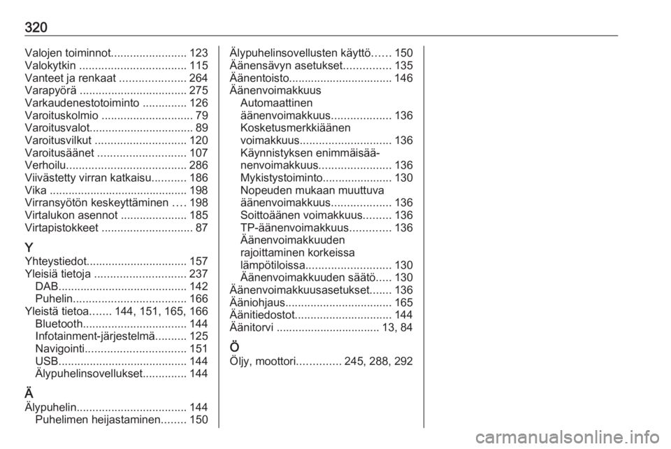 OPEL ZAFIRA C 2019  Ohjekirja (in Finnish) 320Valojen toiminnot........................123
Valokytkin  .................................. 115
Vanteet ja renkaat  .....................264
Varapyörä  .................................. 275
Vark