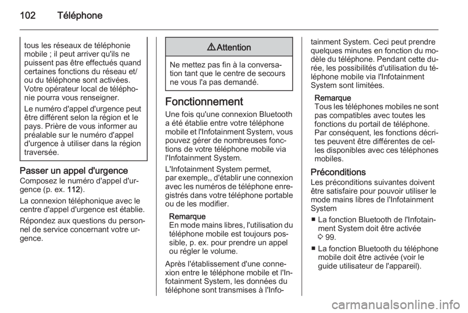 OPEL ADAM 2014  Manuel multimédia (in French) 102Téléphonetous les réseaux de téléphonie
mobile ; il peut arriver qu'ils ne
puissent pas être effectués quand certaines fonctions du réseau et/
ou du téléphone sont activées.
Votre op OPEL ADAM 2014  Manuel multimédia (in French) 102Téléphonetous les réseaux de téléphonie
mobile ; il peut arriver qu'ils ne
puissent pas être effectués quand certaines fonctions du réseau et/
ou du téléphone sont activées.
Votre op
