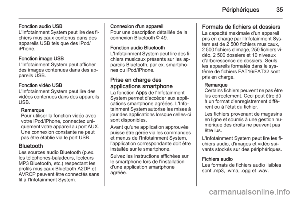 OPEL ADAM 2015.5  Manuel multimédia (in French) Périphériques35
Fonction audio USB
L'Infotainment System peut lire des fi‐ chiers musicaux contenus dans des
appareils USB tels que des iPod/
iPhone.
Fonction image USB
L'Infotainment Syst