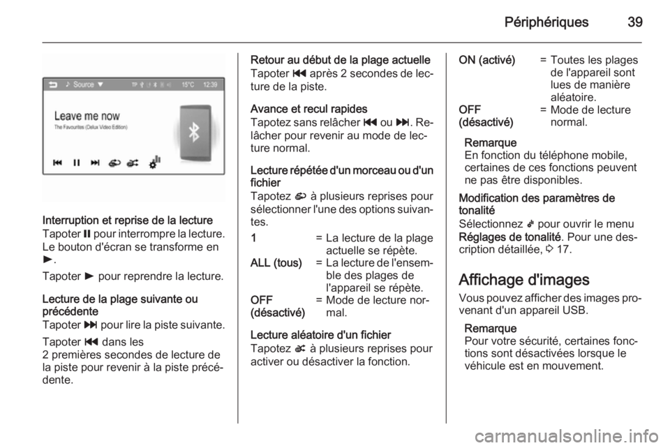 OPEL ADAM 2015.5  Manuel multimédia (in French) Périphériques39
Interruption et reprise de la lecture
Tapoter  = pour interrompre la lecture.
Le bouton d'écran se transforme en
l .
Tapoter  l pour reprendre la lecture.
Lecture de la plage su