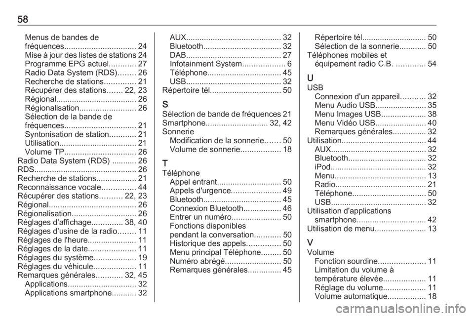 OPEL ADAM 2016 Manuel multimédia (in French) 58Menus de bandes defréquences ................................ 24
Mise à jour des listes de stations 24
Programme EPG actuel ............27
Radio Data System (RDS) ........26
Recherche de stations OPEL ADAM 2016 Manuel multimédia (in French) 58Menus de bandes defréquences ................................ 24
Mise à jour des listes de stations 24
Programme EPG actuel ............27
Radio Data System (RDS) ........26
Recherche de stations