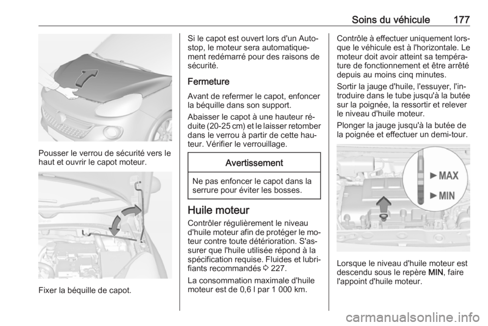 OPEL ADAM 2016.5 Manuel dutilisation (in French) Soins du véhicule177
Pousser le verrou de sécurité vers le
haut et ouvrir le capot moteur.
Fixer la béquille de capot.
Si le capot est ouvert lors d'un Auto‐
stop, le moteur sera automatique OPEL ADAM 2016.5 Manuel dutilisation (in French) Soins du véhicule177
Pousser le verrou de sécurité vers le
haut et ouvrir le capot moteur.
Fixer la béquille de capot.
Si le capot est ouvert lors d'un Auto‐
stop, le moteur sera automatique