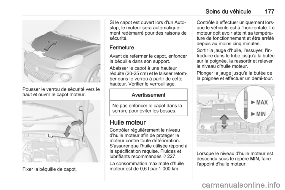 OPEL ADAM 2017.5 Manuel dutilisation (in French) Soins du véhicule177
Pousser le verrou de sécurité vers le
haut et ouvrir le capot moteur.
Fixer la béquille de capot.
Si le capot est ouvert lors d'un Auto‐
stop, le moteur sera automatique OPEL ADAM 2017.5 Manuel dutilisation (in French) Soins du véhicule177
Pousser le verrou de sécurité vers le
haut et ouvrir le capot moteur.
Fixer la béquille de capot.
Si le capot est ouvert lors d'un Auto‐
stop, le moteur sera automatique