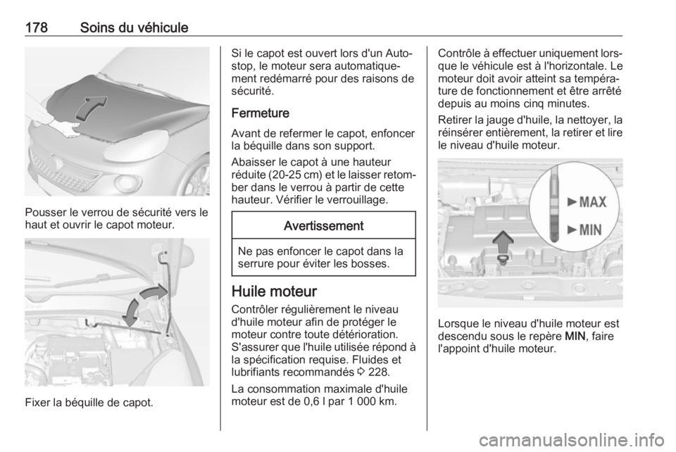 OPEL ADAM 2018  Manuel dutilisation (in French) 178Soins du véhicule
Pousser le verrou de sécurité vers le
haut et ouvrir le capot moteur.
Fixer la béquille de capot.
Si le capot est ouvert lors d'un Auto‐
stop, le moteur sera automatique
