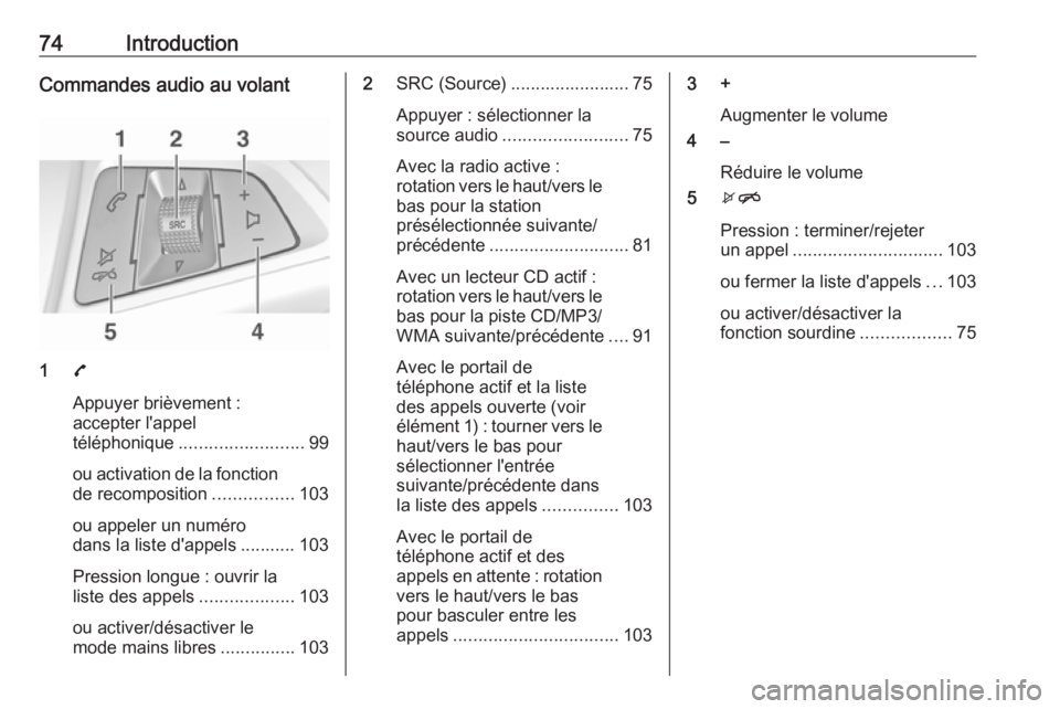 OPEL ADAM 2018.5 Manuel multimédia (in French) 74IntroductionCommandes audio au volant
17
Appuyer brièvement :
accepter l'appel
téléphonique ......................... 99
ou activation de la fonction de recomposition ................103
ou a OPEL ADAM 2018.5 Manuel multimédia (in French) 74IntroductionCommandes audio au volant
17
Appuyer brièvement :
accepter l'appel
téléphonique ......................... 99
ou activation de la fonction de recomposition ................103
ou a