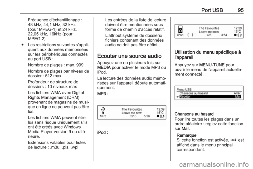 OPEL ADAM 2018.5 Manuel multimédia (in French) Port USB95Fréquence d'échantillonage :
48 kHz, 44,1 kHz, 32 kHz
(pour MPEG-1) et 24 kHz,
22,05 kHz, 16kHz (pour
MPEG-2)
● Les restrictions suivantes s'appli‐
quent aux données mémoris OPEL ADAM 2018.5 Manuel multimédia (in French) Port USB95Fréquence d'échantillonage :
48 kHz, 44,1 kHz, 32 kHz
(pour MPEG-1) et 24 kHz,
22,05 kHz, 16kHz (pour
MPEG-2)
● Les restrictions suivantes s'appli‐
quent aux données mémoris