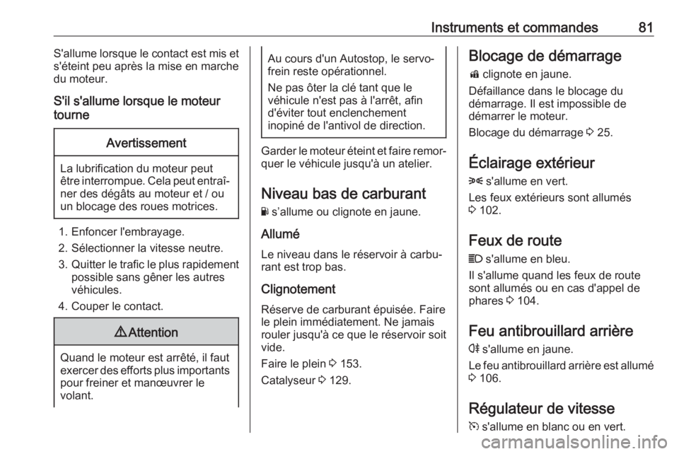 OPEL ADAM 2019 Manuel dutilisation (in French) Instruments et commandes81S'allume lorsque le contact est mis et
s'éteint peu après la mise en marche
du moteur.
S'il s'allume lorsque le moteur
tourneAvertissement
La lubrification OPEL ADAM 2019 Manuel dutilisation (in French) Instruments et commandes81S'allume lorsque le contact est mis et
s'éteint peu après la mise en marche
du moteur.
S'il s'allume lorsque le moteur
tourneAvertissement
La lubrification