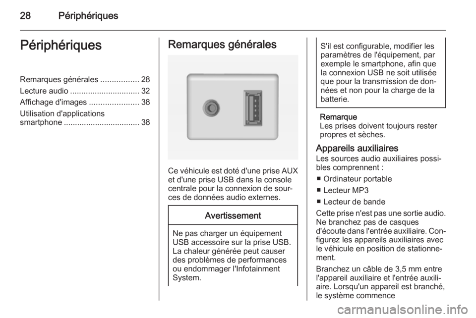 OPEL AMPERA 2014  Manuel multimédia (in French) 28PériphériquesPériphériquesRemarques générales.................28
Lecture audio ............................... 32
Affichage d'images ......................38
Utilisation d'applications