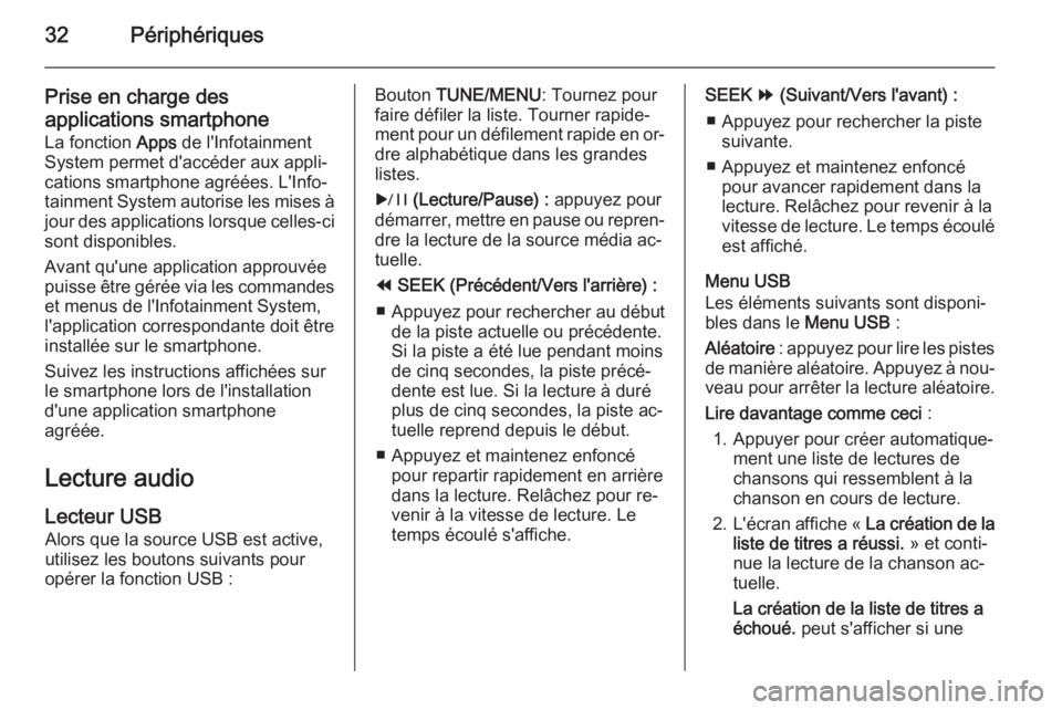 OPEL AMPERA 2014  Manuel multimédia (in French) 32Périphériques
Prise en charge des
applications smartphone La fonction  Apps de l'Infotainment
System permet d'accéder aux appli‐
cations smartphone agréées. L'Info‐
tainment Sys