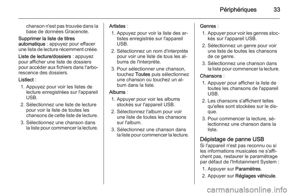 OPEL AMPERA 2014  Manuel multimédia (in French) Périphériques33
chanson n'est pas trouvée dans la
base de données Gracenote.
Supprimer la liste de titres
automatique  : appuyez pour effacer
une liste de lecture récemment créée.
Liste de 