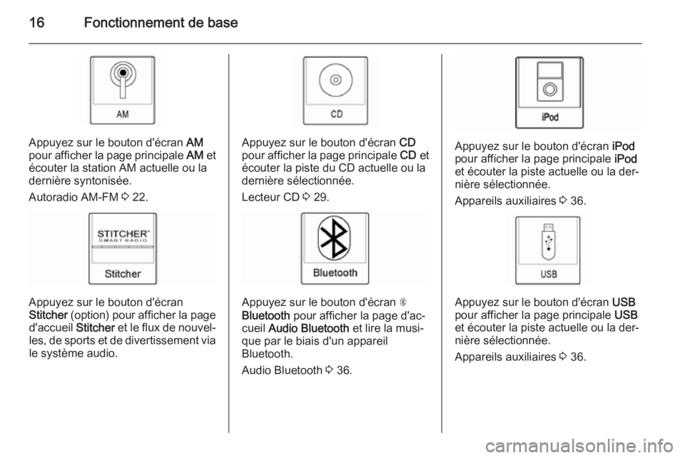 OPEL AMPERA 2015  Manuel multimédia (in French) 16Fonctionnement de base
Appuyez sur le bouton d'écran AM
pour afficher la page principale  AM et
écouter la station AM actuelle ou la
dernière syntonisée.
Autoradio AM-FM  3 22.
Appuyez sur l