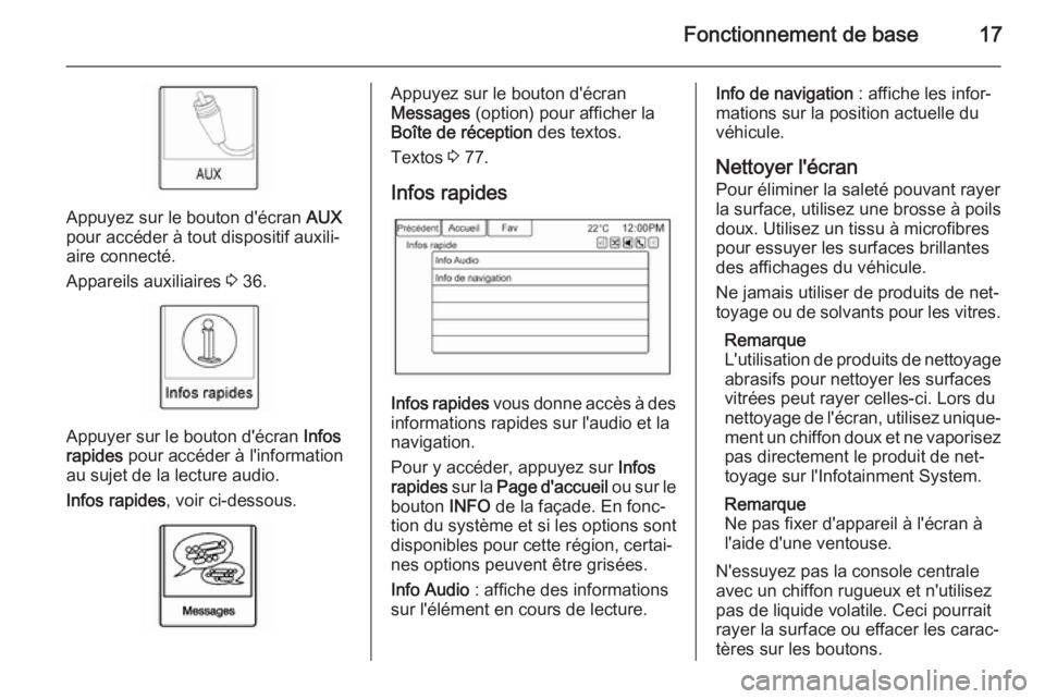 OPEL AMPERA 2015  Manuel multimédia (in French) Fonctionnement de base17
Appuyez sur le bouton d'écran AUX
pour accéder à tout dispositif auxili‐
aire connecté.
Appareils auxiliaires  3 36.
Appuyer sur le bouton d'écran  Infos
rapide