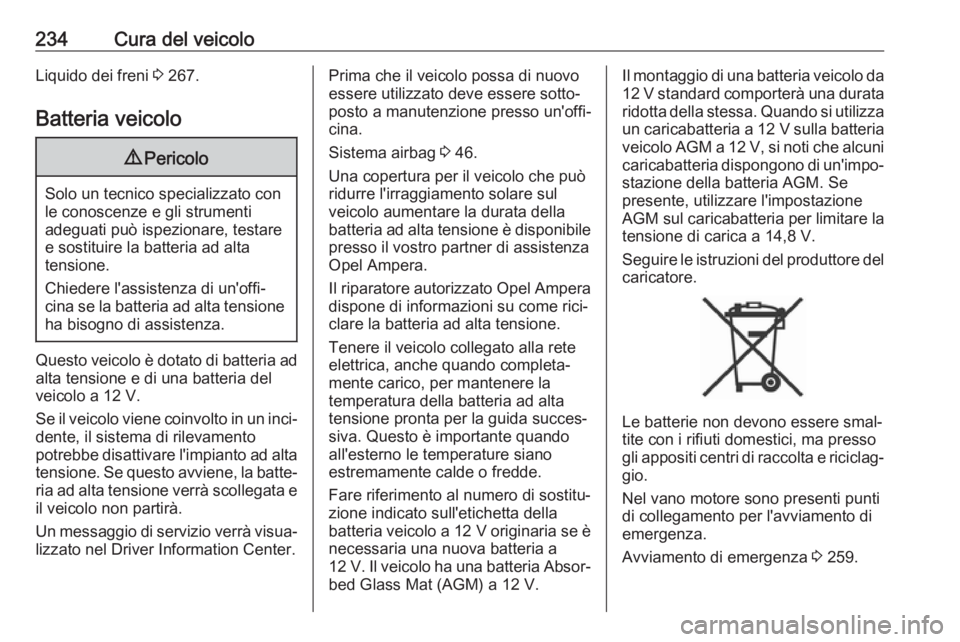 OPEL AMPERA E 2018.5  Manuel dutilisation (in French) 234Cura del veicoloLiquido dei freni 3 267.
Batteria veicolo9 Pericolo
Solo un tecnico specializzato con
le conoscenze e gli strumenti
adeguati può ispezionare, testare e sostituire la batteria ad al