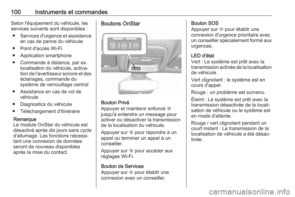 OPEL AMPERA E 2019  Manuel dutilisation (in French) 100Instruments et commandesSelon l'équipement du véhicule, lesservices suivants sont disponibles :
● Services d'urgence et assistance
en cas de panne du véhicule
● Point d'accès Wi