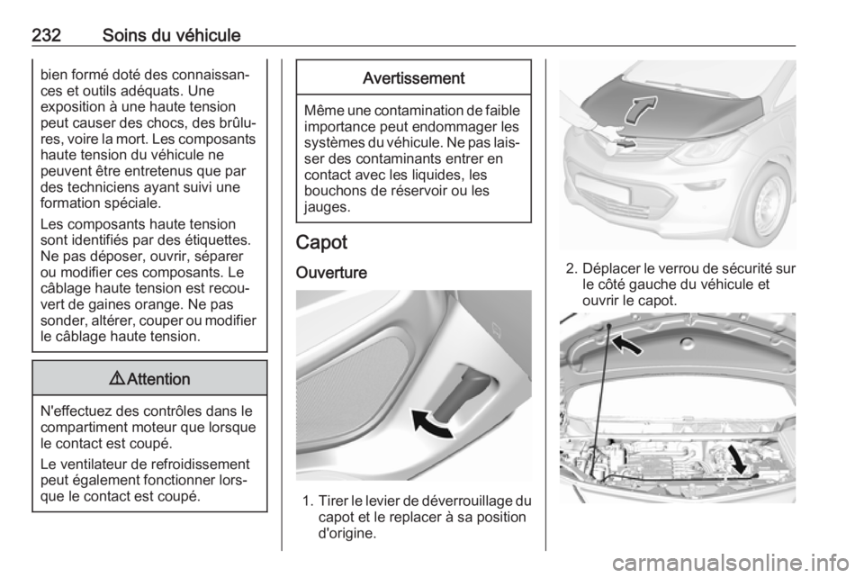 OPEL AMPERA E 2019 Manuel dutilisation (in French) 232Soins du véhiculebien formé doté des connaissan‐
ces et outils adéquats. Une
exposition à une haute tension
peut causer des chocs, des brûlu‐
res, voire la mort. Les composants haute tens OPEL AMPERA E 2019 Manuel dutilisation (in French) 232Soins du véhiculebien formé doté des connaissan‐
ces et outils adéquats. Une
exposition à une haute tension
peut causer des chocs, des brûlu‐
res, voire la mort. Les composants haute tens