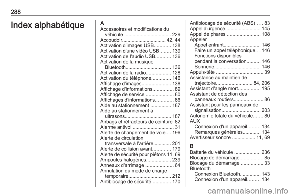 OPEL AMPERA E 2019  Manuel dutilisation (in French) 288Index alphabétiqueAAccessoires et modifications du véhicule  .................................. 229
Accoudoir................................ 42, 44
Activation d'images USB ............138
Ac OPEL AMPERA E 2019  Manuel dutilisation (in French) 288Index alphabétiqueAAccessoires et modifications du véhicule  .................................. 229
Accoudoir................................ 42, 44
Activation d'images USB ............138
Ac