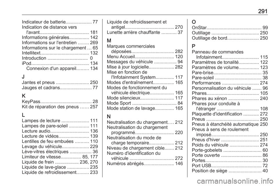 OPEL AMPERA E 2019 Manuel dutilisation (in French) 291Indicateur de batterie....................77
Indication de distance vers l'avant ...................................... 181
Informations générales ...............142
Informations sur l'en OPEL AMPERA E 2019 Manuel dutilisation (in French) 291Indicateur de batterie....................77
Indication de distance vers l'avant ...................................... 181
Informations générales ...............142
Informations sur l'en