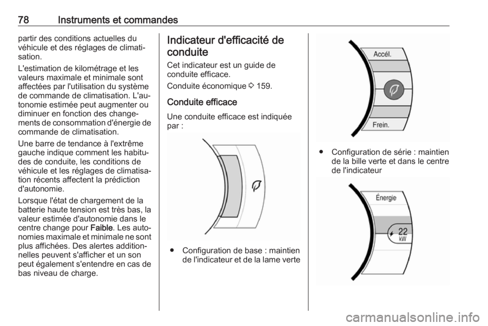 OPEL AMPERA E 2019 Manuel dutilisation (in French) 78Instruments et commandespartir des conditions actuelles du
véhicule et des réglages de climati‐
sation.
L'estimation de kilométrage et les
valeurs maximale et minimale sont
affectées par l OPEL AMPERA E 2019 Manuel dutilisation (in French) 78Instruments et commandespartir des conditions actuelles du
véhicule et des réglages de climati‐
sation.
L'estimation de kilométrage et les
valeurs maximale et minimale sont
affectées par l
