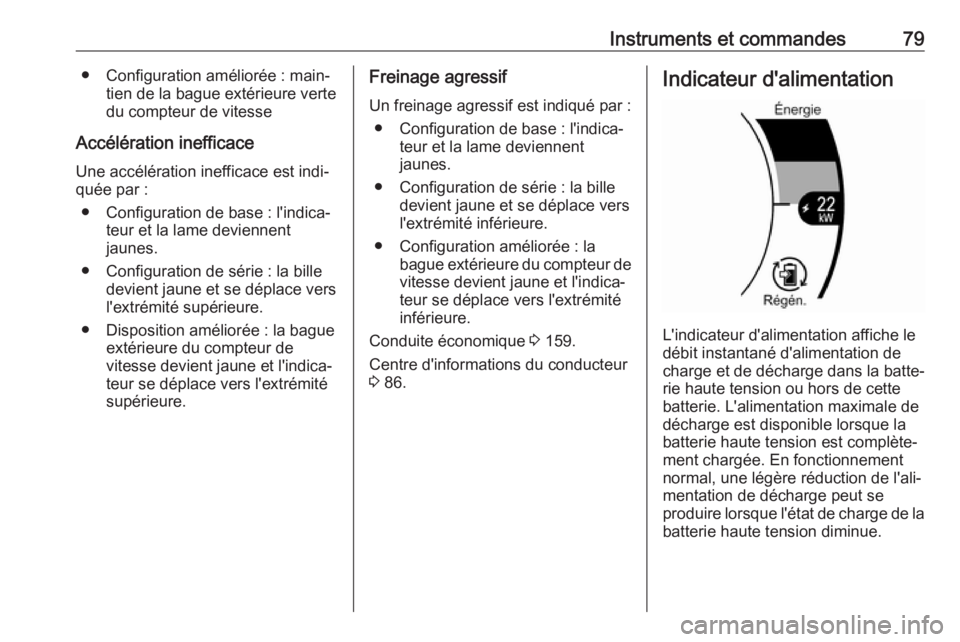 OPEL AMPERA E 2019 Manuel dutilisation (in French) Instruments et commandes79● Configuration améliorée : main‐tien de la bague extérieure verte
du compteur de vitesse
Accélération inefficace Une accélération inefficace est indi‐
quée par OPEL AMPERA E 2019 Manuel dutilisation (in French) Instruments et commandes79● Configuration améliorée : main‐tien de la bague extérieure verte
du compteur de vitesse
Accélération inefficace Une accélération inefficace est indi‐
quée par