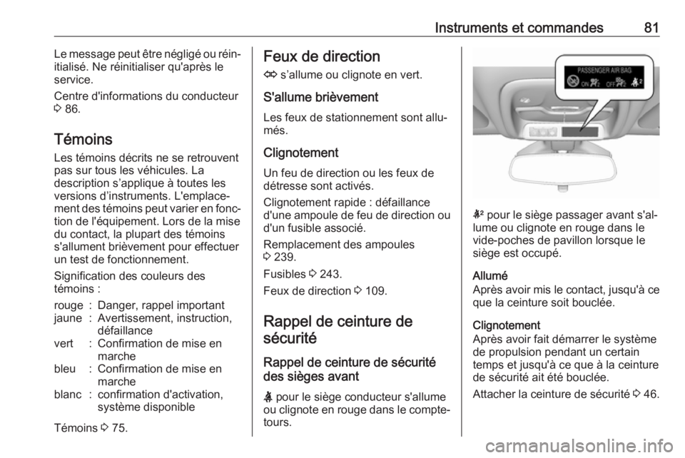 OPEL AMPERA E 2019  Manuel dutilisation (in French) Instruments et commandes81Le message peut être négligé ou réin‐
itialisé. Ne réinitialiser qu'après le
service.
Centre d'informations du conducteur
3  86.
Témoins
Les témoins décri