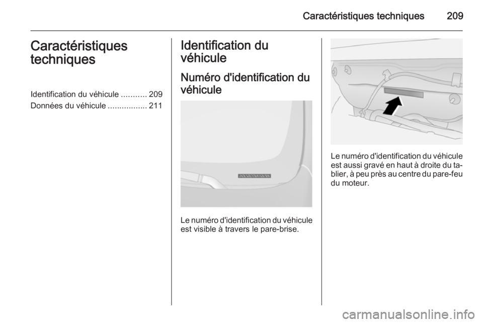 OPEL ANTARA 2014.5  Manuel dutilisation (in French) Caractéristiques techniques209Caractéristiques
techniquesIdentification du véhicule ...........209
Données du véhicule .................211Identification du
véhicule
Numéro d'identification