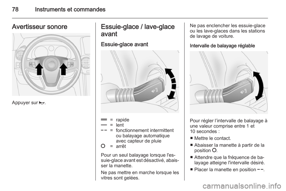 OPEL ANTARA 2014.5 Manuel dutilisation (in French) 78Instruments et commandesAvertisseur sonore
Appuyer sur j.
Essuie-glace / lave-glace
avant
Essuie-glace avant&=rapide%=lent$=fonctionnement intermittent ou balayage automatique
avec capteur de pluie OPEL ANTARA 2014.5 Manuel dutilisation (in French) 78Instruments et commandesAvertisseur sonore
Appuyer sur j.
Essuie-glace / lave-glace
avant
Essuie-glace avant&=rapide%=lent$=fonctionnement intermittent ou balayage automatique
avec capteur de pluie