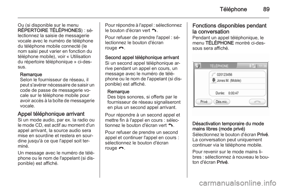 OPEL ANTARA 2015  Manuel multimédia (in French) Téléphone89
Ou (si disponible sur le menu
RÉPERTOIRE TÉLÉPHONES ) : sé‐
lectionnez la saisie de messagerie vocale avec le numéro de téléphone
du téléphone mobile connecté (le
nom saisi p