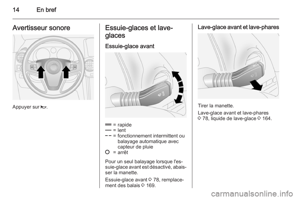 OPEL ANTARA 2015  Manuel dutilisation (in French) 14En brefAvertisseur sonore
Appuyer sur j.
Essuie-glaces et lave-
glaces
Essuie-glace avant&=rapide%=lent$=fonctionnement intermittent ou
balayage automatique avec
capteur de pluie§=arrêt
Pour un se