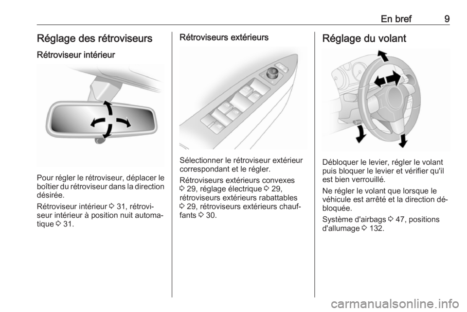 OPEL ANTARA 2016.5  Manuel dutilisation (in French) En bref9Réglage des rétroviseurs
Rétroviseur intérieur
Pour régler le rétroviseur, déplacer le
boîtier du rétroviseur dans la direction
désirée.
Rétroviseur intérieur  3 31, rétrovi‐
s