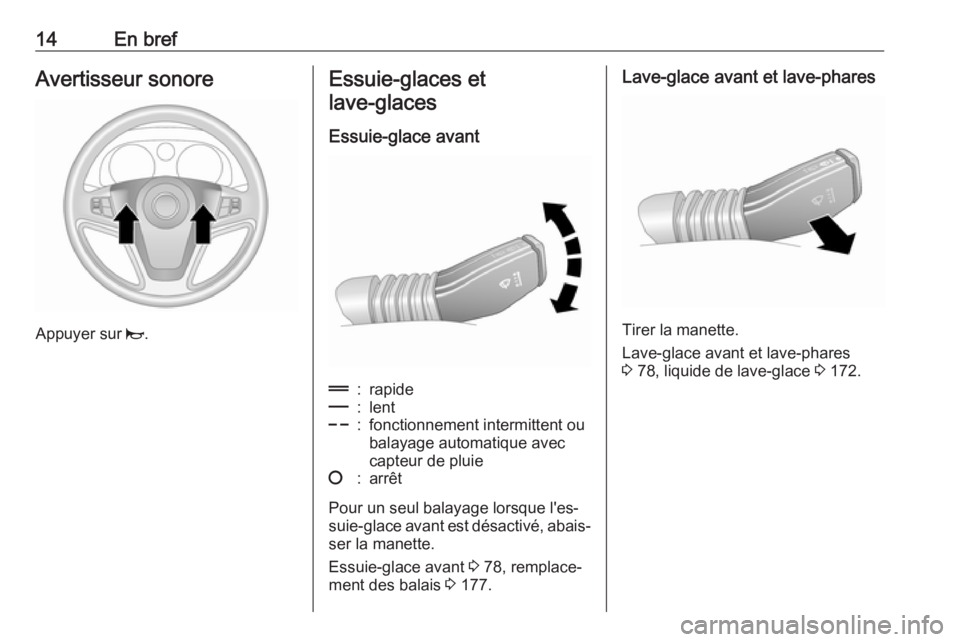OPEL ANTARA 2016.5 Manuel dutilisation (in French) 14En brefAvertisseur sonore
Appuyer sur j.
Essuie-glaces et
lave-glaces
Essuie-glace avant&:rapide%:lent$:fonctionnement intermittent ou
balayage automatique avec
capteur de pluie§:arrêt
Pour un se OPEL ANTARA 2016.5 Manuel dutilisation (in French) 14En brefAvertisseur sonore
Appuyer sur j.
Essuie-glaces et
lave-glaces
Essuie-glace avant&:rapide%:lent$:fonctionnement intermittent ou
balayage automatique avec
capteur de pluie§:arrêt
Pour un se