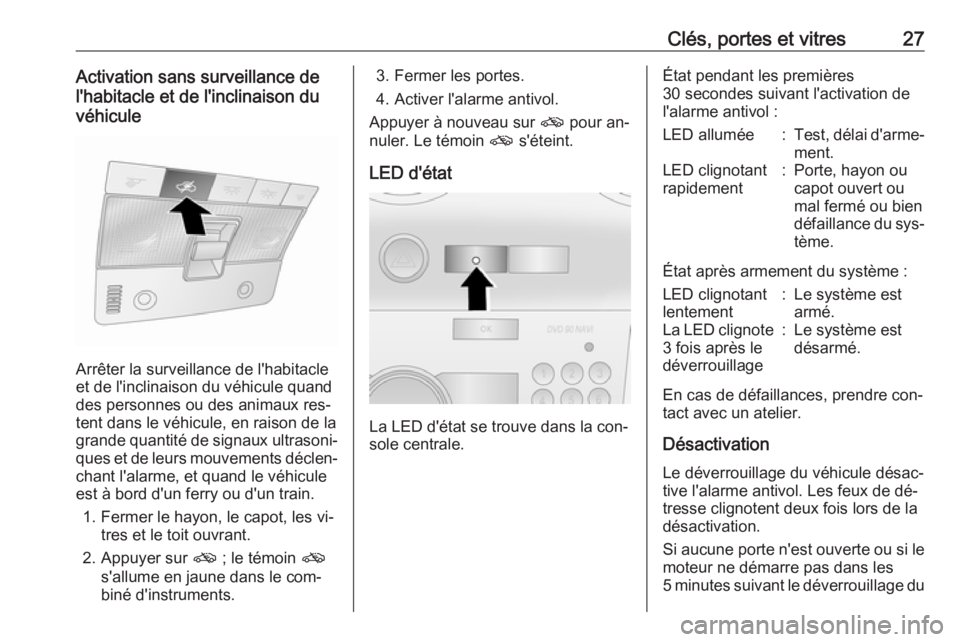 OPEL ANTARA 2016.5 Manuel dutilisation (in French) Clés, portes et vitres27Activation sans surveillance de
l'habitacle et de l'inclinaison du
véhicule
Arrêter la surveillance de l'habitacle
et de l'inclinaison du véhicule quand
des OPEL ANTARA 2016.5 Manuel dutilisation (in French) Clés, portes et vitres27Activation sans surveillance de
l'habitacle et de l'inclinaison du
véhicule
Arrêter la surveillance de l'habitacle
et de l'inclinaison du véhicule quand
des