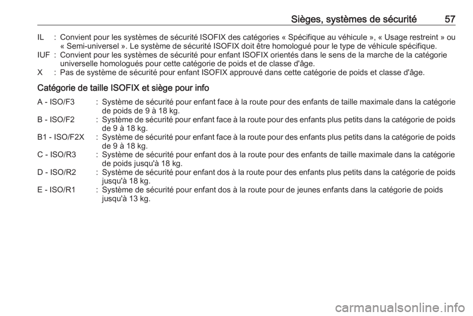 OPEL ANTARA 2016.5 Manuel dutilisation (in French) Sièges, systèmes de sécurité57IL:Convient pour les systèmes de sécurité ISOFIX des catégories « Spécifique au véhicule », « Usage restreint » ou
« Semi-universel ». Le système de séc OPEL ANTARA 2016.5 Manuel dutilisation (in French) Sièges, systèmes de sécurité57IL:Convient pour les systèmes de sécurité ISOFIX des catégories « Spécifique au véhicule », « Usage restreint » ou
« Semi-universel ». Le système de séc