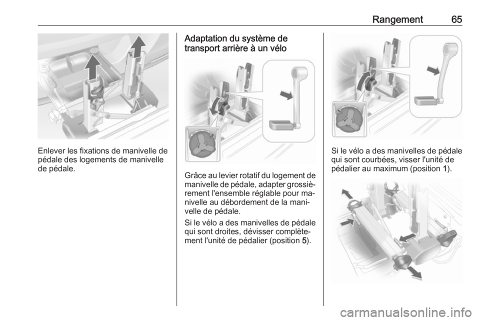 OPEL ANTARA 2016.5 Manuel dutilisation (in French) Rangement65
Enlever les fixations de manivelle de
pédale des logements de manivelle
de pédale.
Adaptation du système de
transport arrière à un vélo
Grâce au levier rotatif du logement de manive OPEL ANTARA 2016.5 Manuel dutilisation (in French) Rangement65
Enlever les fixations de manivelle de
pédale des logements de manivelle
de pédale.
Adaptation du système de
transport arrière à un vélo
Grâce au levier rotatif du logement de manive