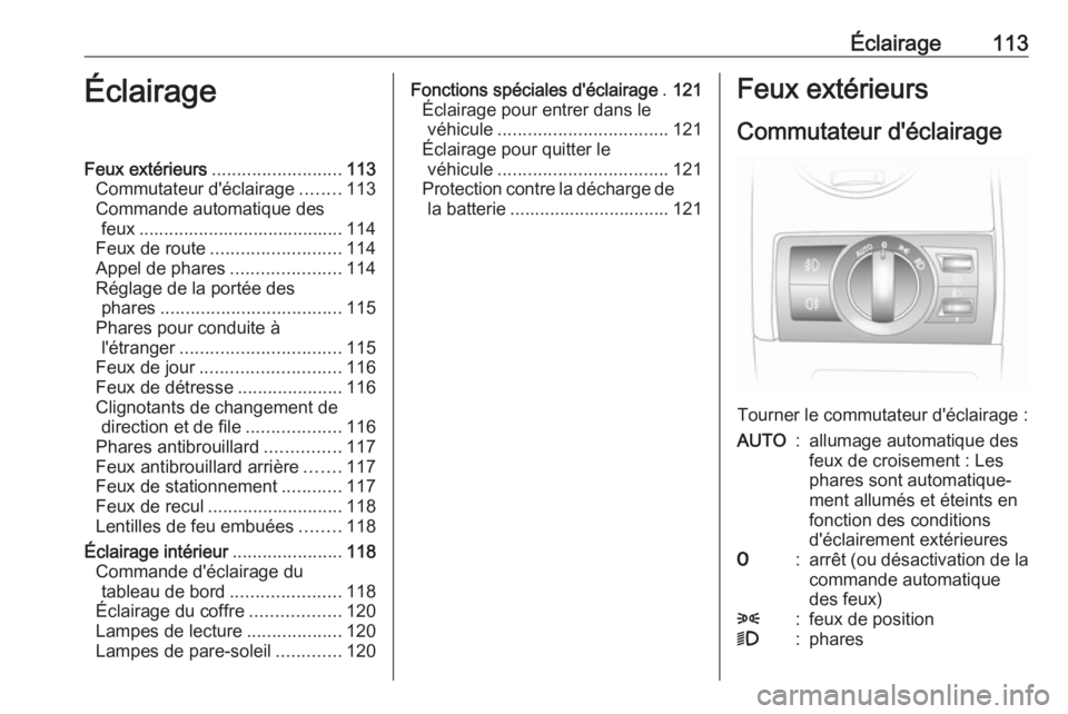 OPEL ANTARA 2017.5  Manuel dutilisation (in French) Éclairage113ÉclairageFeux extérieurs.......................... 113
Commutateur d'éclairage ........113
Commande automatique des feux ......................................... 114
Feux de route OPEL ANTARA 2017.5  Manuel dutilisation (in French) Éclairage113ÉclairageFeux extérieurs.......................... 113
Commutateur d'éclairage ........113
Commande automatique des feux ......................................... 114
Feux de route